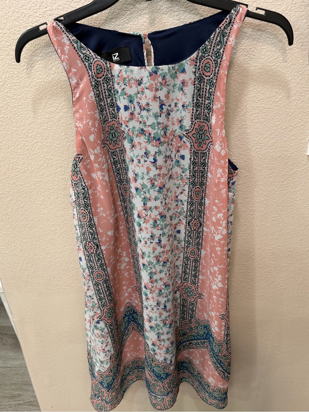 Iz Byer Floral Border Print Dress in Blush, Navy and Mint